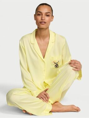 Victoria's Secret Lemonade Yellow Satin Pajama Set with Embroidered Pocket